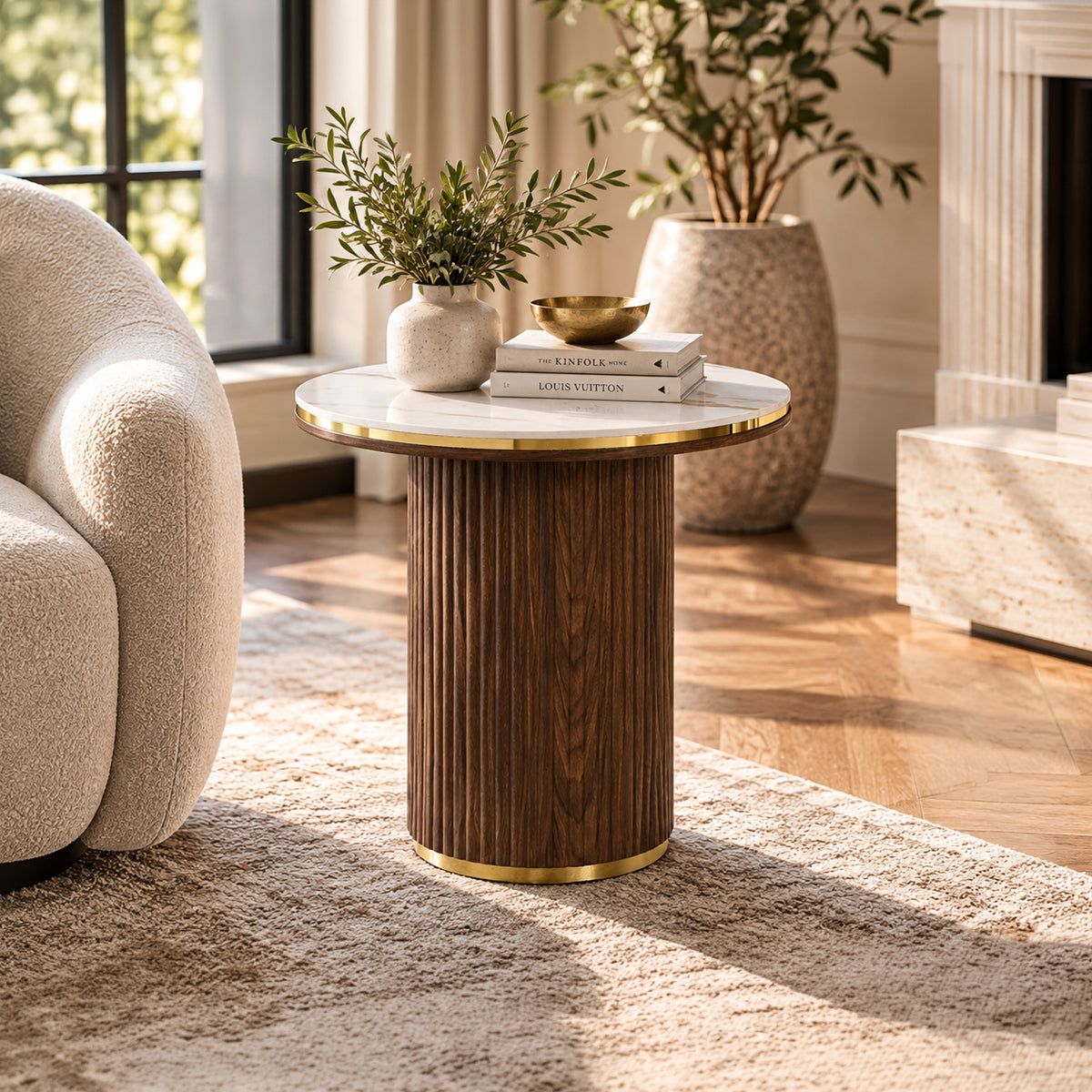 Archie Round Coffee Table with Sintered Stone Top & Timber-Look Finish