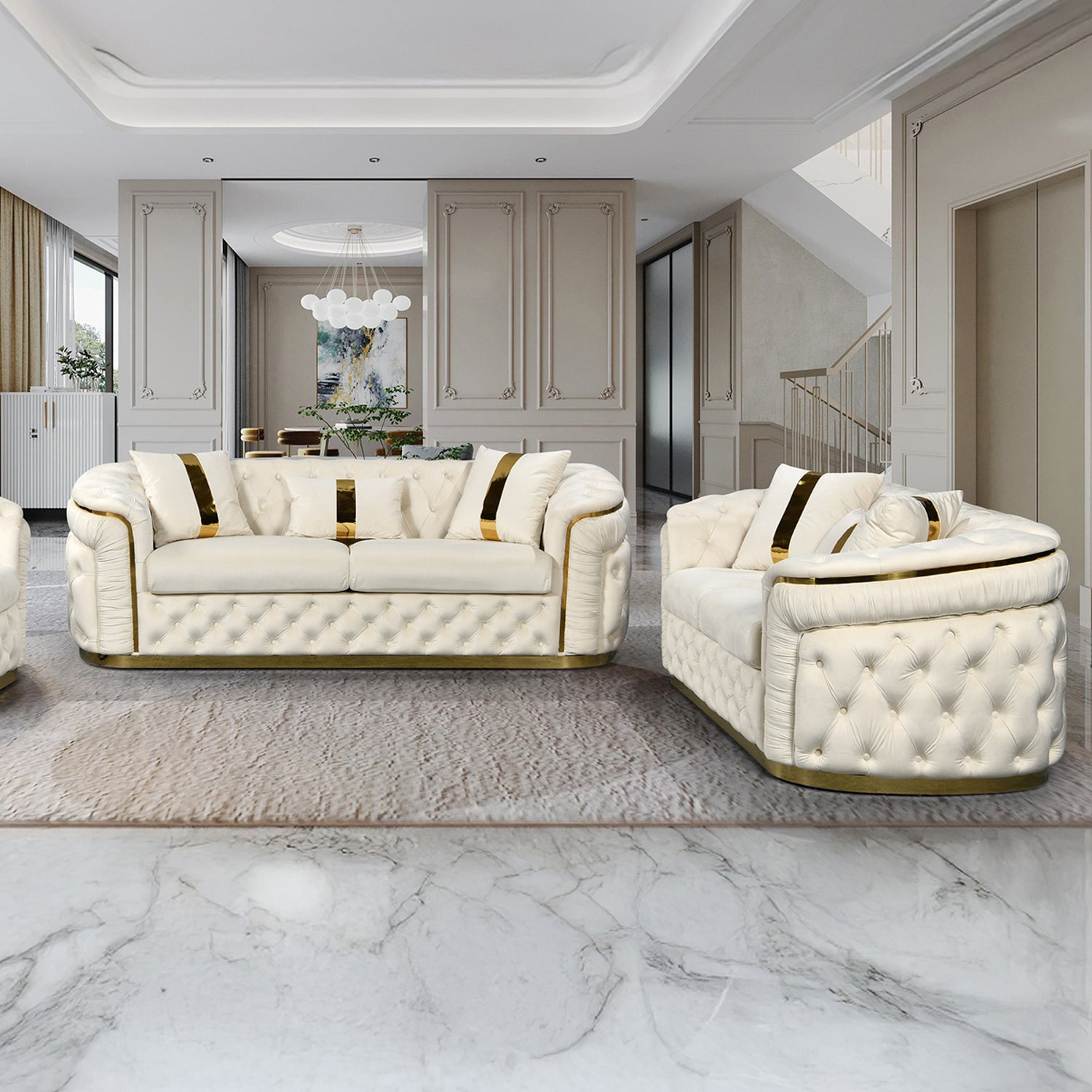 Duke 3+2 Seater Sofa Velvet Solid Wood Plywood Gold/Silver Stainless Steel