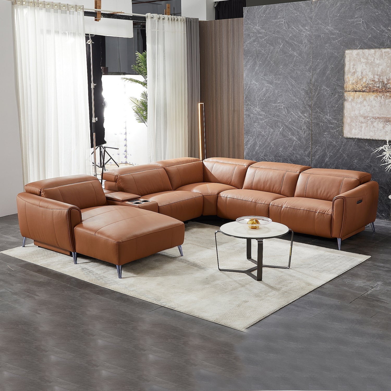 London 5 Seater Corner Sofa Chaise Premium Genuine Leather Power Slide Left/Right Chaise Cup-Holder Charging Point