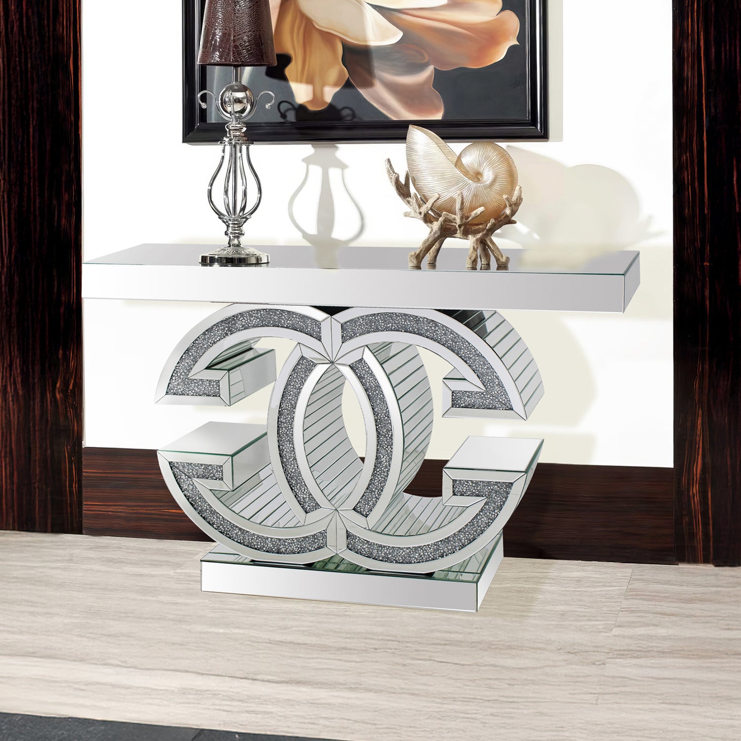 Gucci Hall Table MDF & Mirror & Crushed Acrylic Diamonds Silver Colour