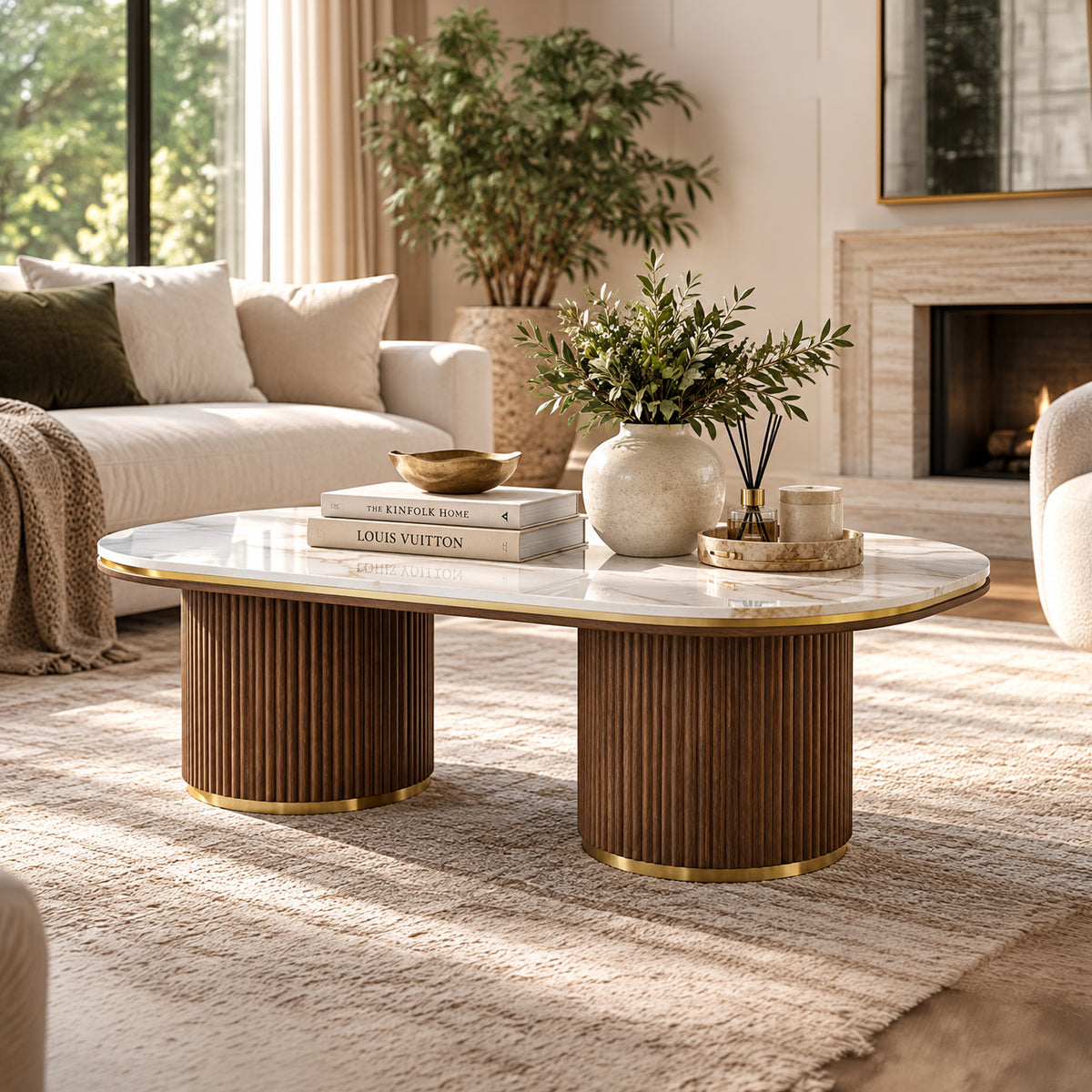 Archie Rectangular Coffee Table with Sintered Stone Top & Timber-Look Finish