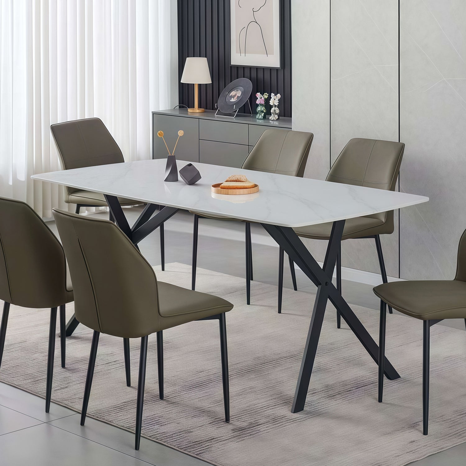 Abby Dining Table Rectangular Shape Sintered Stone Top Iron Legs