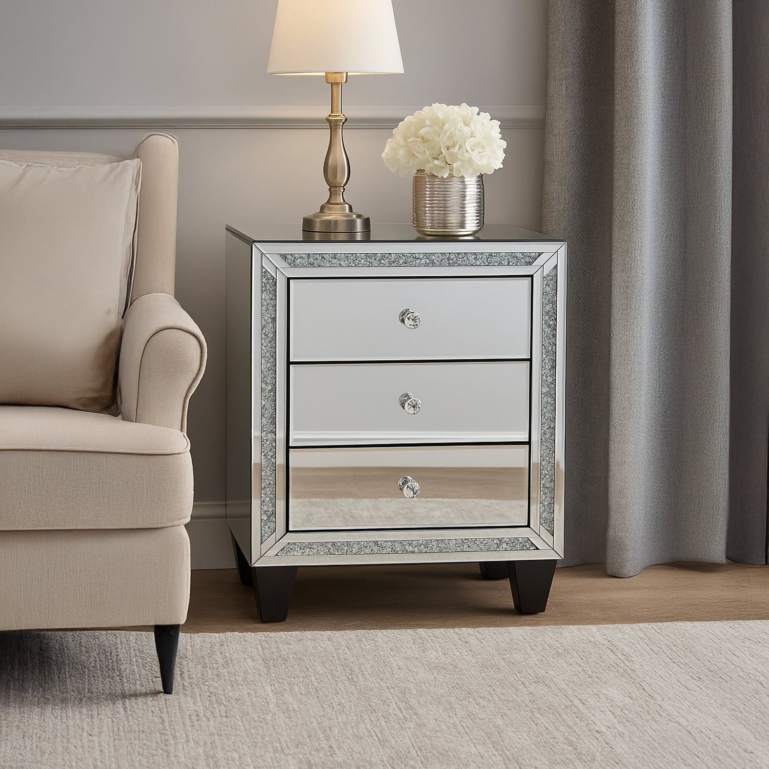 Aurora Bed Side Table Silver Colour MDF Mirror Crystal Beads 3 Drawers Round Handles