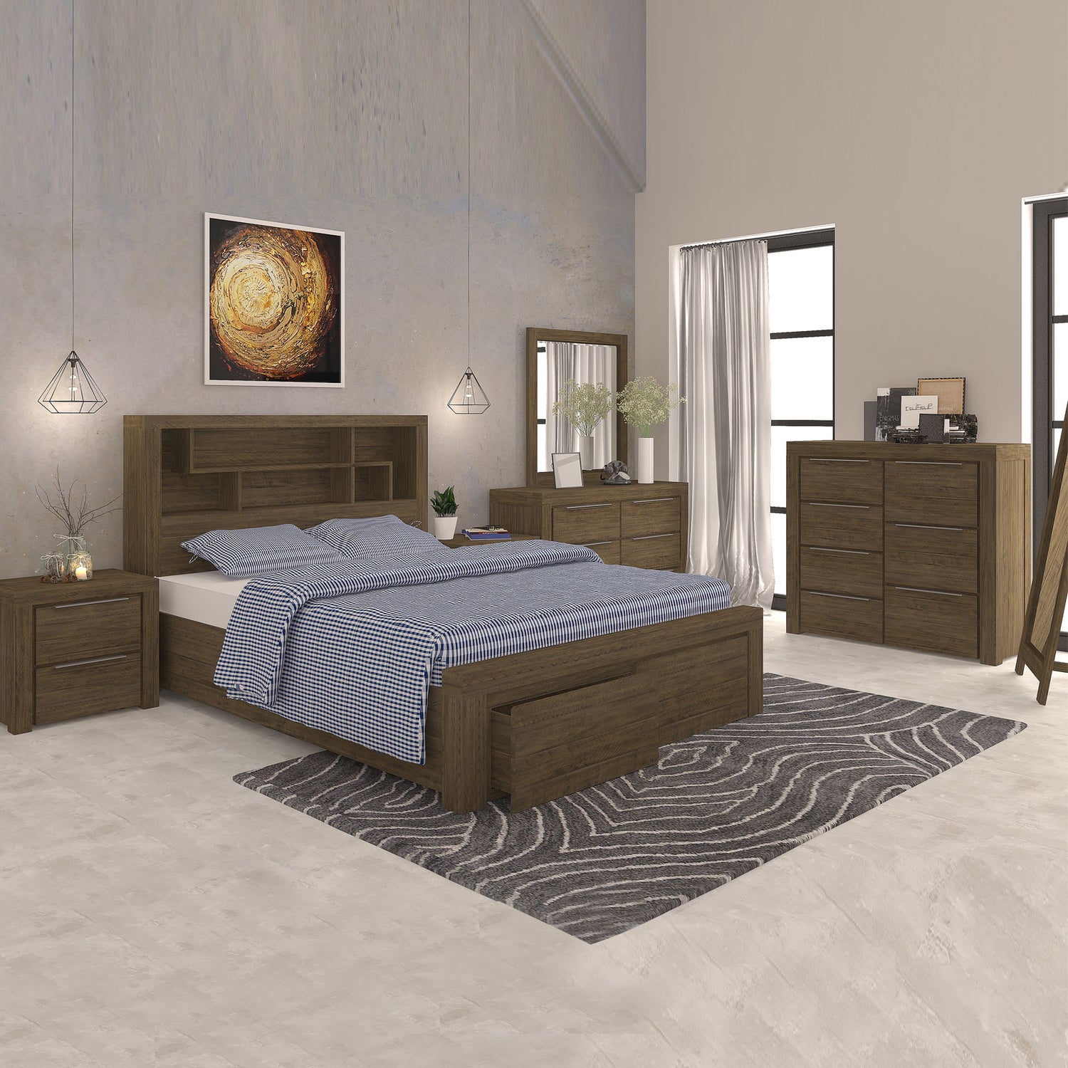 Cromwell Bookend Headboard MDF Storage Drawers 5/4 Pcs Bedroom Suite In Multiple Size