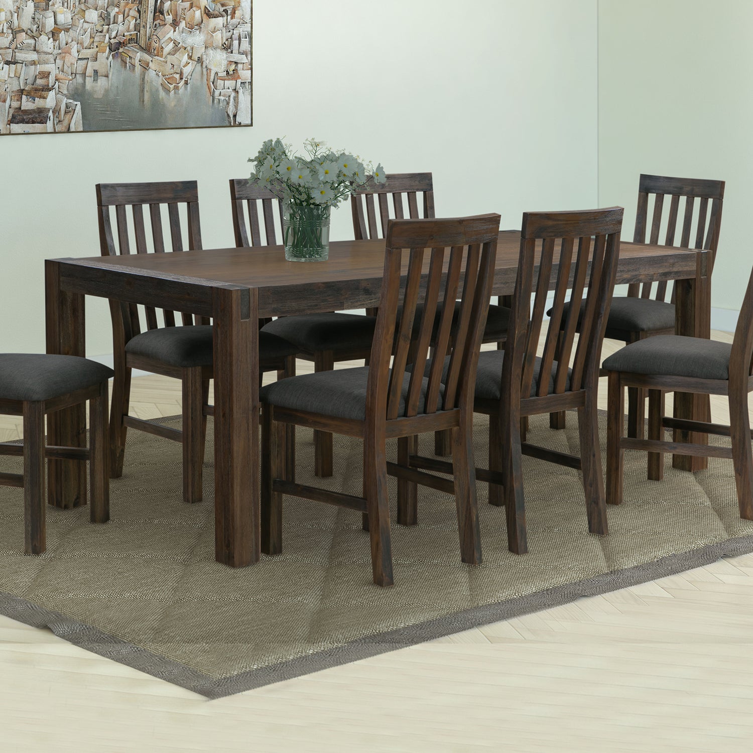 Nowra Solid Acacia Timber Large Size Dining Table With 8X Linen Upholstered Chair