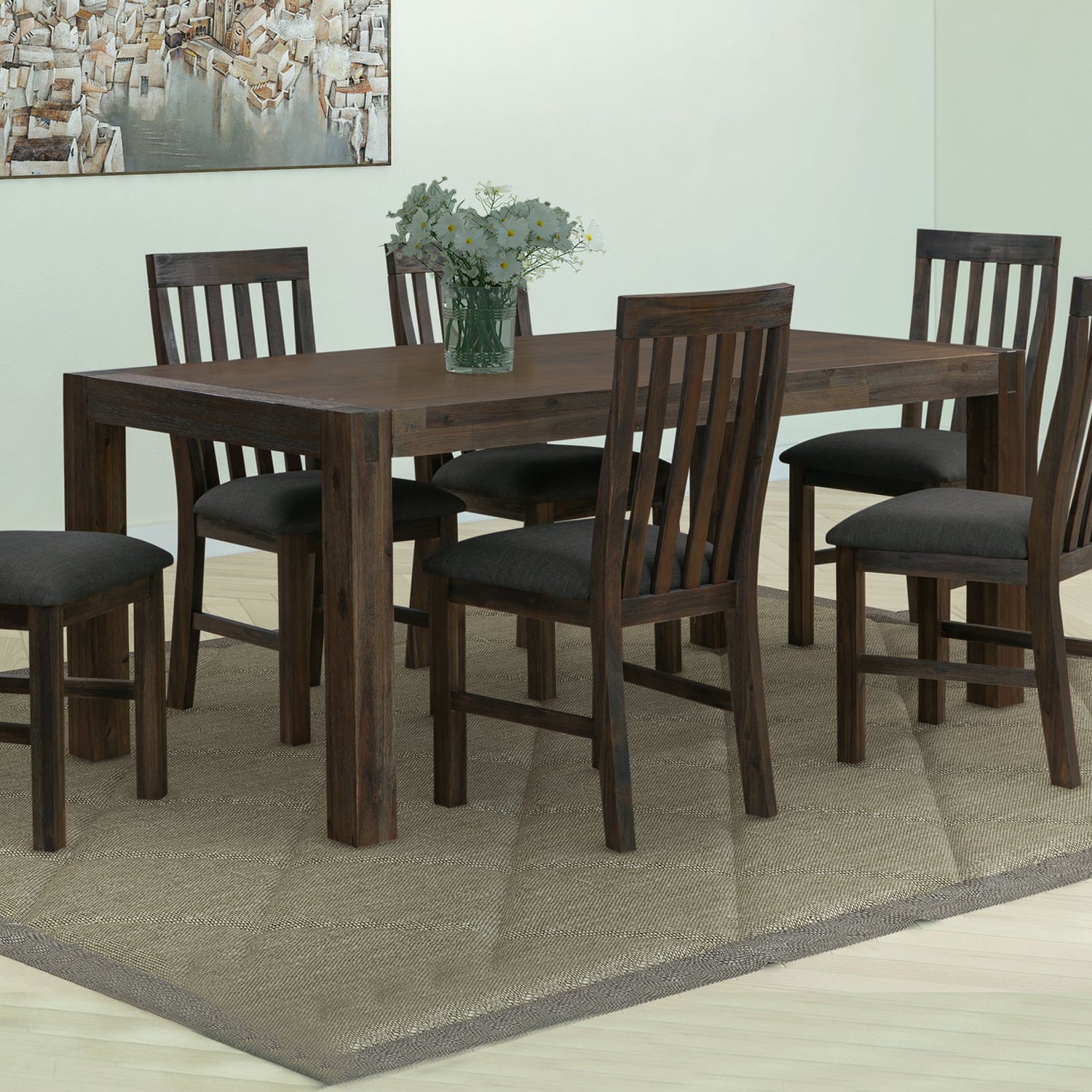 Nowra Solid Acacia Timber Medium Size Dining Table With 6X Linen Upholstered Chair