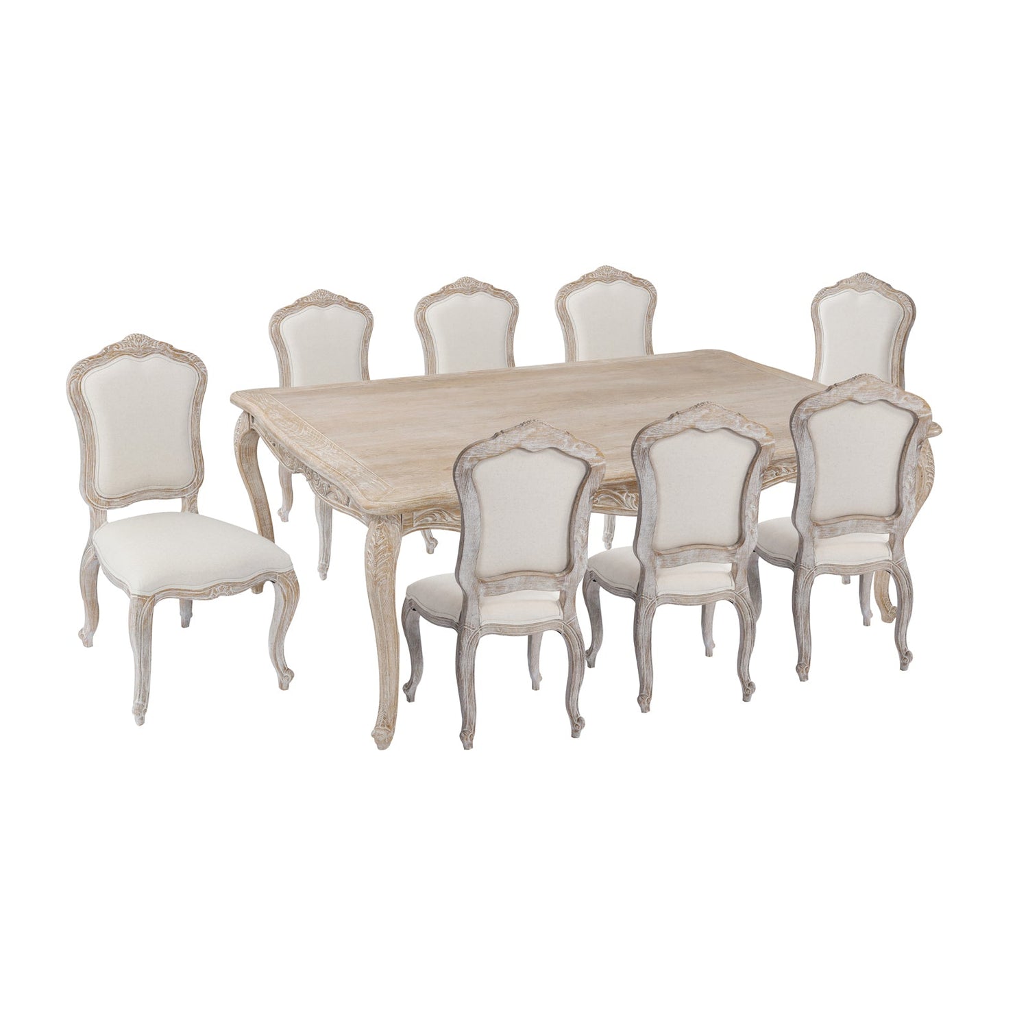 Lille Multiple Sizes Wood White Washed Finish Premium Linen Upholstered Dining Set