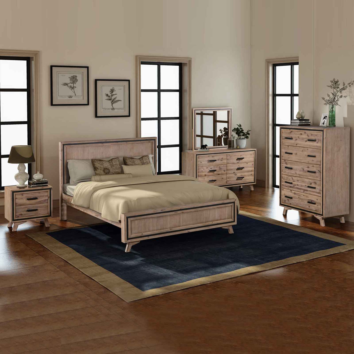 Seashore 5 Pcs Bedroom Suite in Solid Acacia Timber in Silver Brush Colour