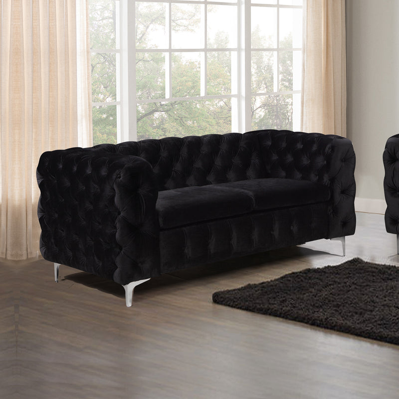 Jacques 2 Seater Sofa Button Tufted Velvet Fabric with Metal Legs in Black/Grey