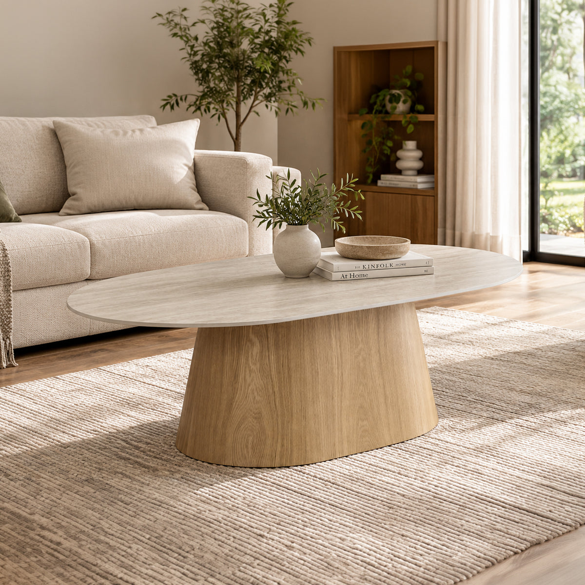 Astoria Coffee Table with Sintered Stone Top & Oak Veneer Pedestal Base