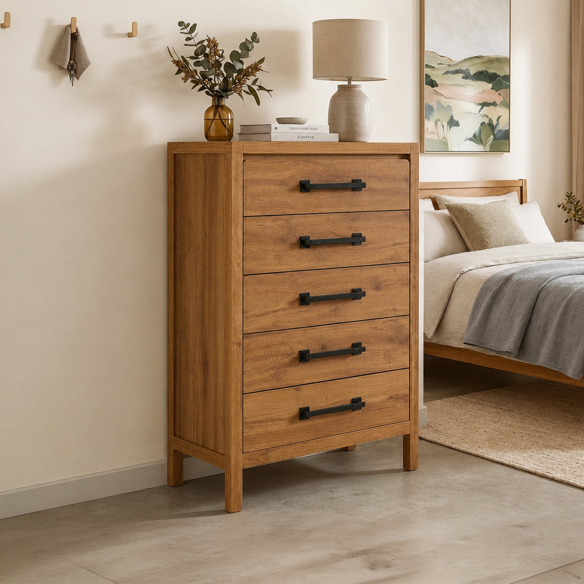 Toffee Timber Look Tallboy with 5 Drawers