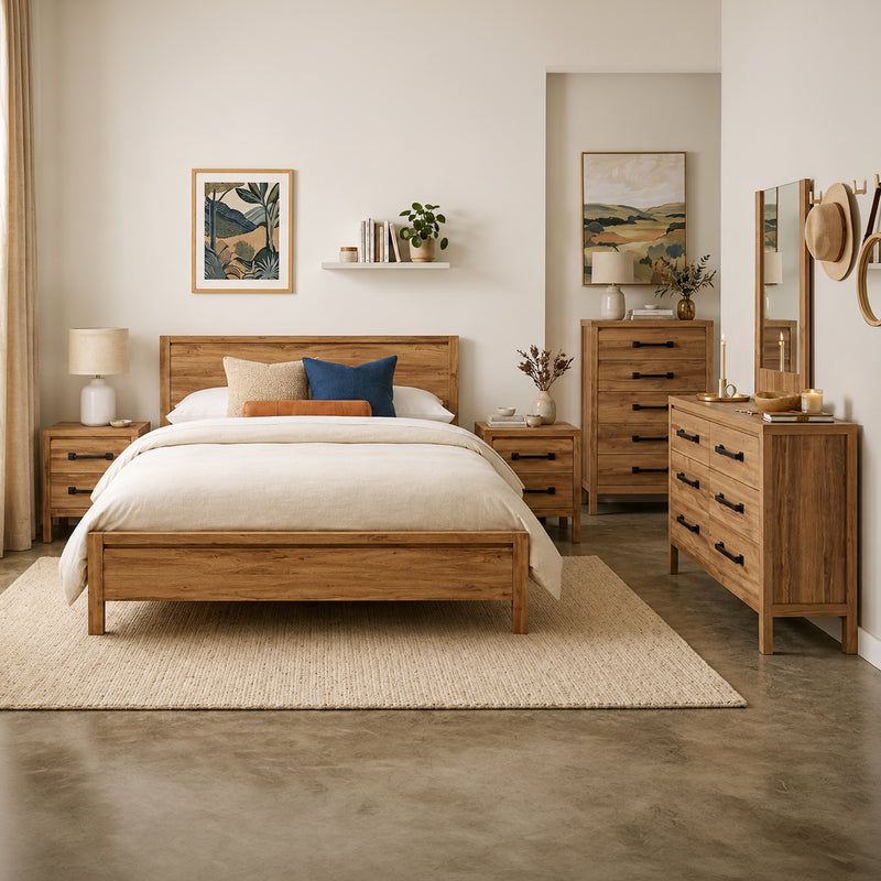 Toffee Bedroom Suite – 5/4 Piece Set with Dresser & Tallboy in Oak Finish