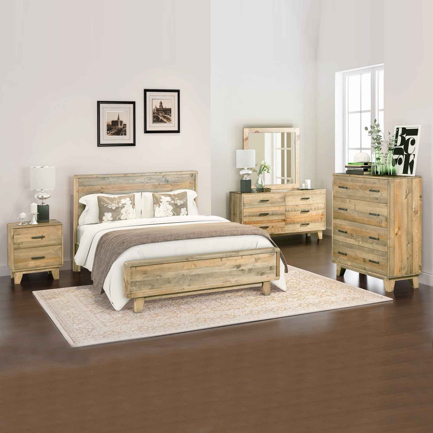 Woodland Solid Pine Timber 5 Pcs Bedroom Suite In Rustic Texture In Multiple Size