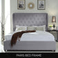 Paris Quality Linen Fabric Upholstered Wing Queen Grey Bed Frame with Detailing High Bedhead