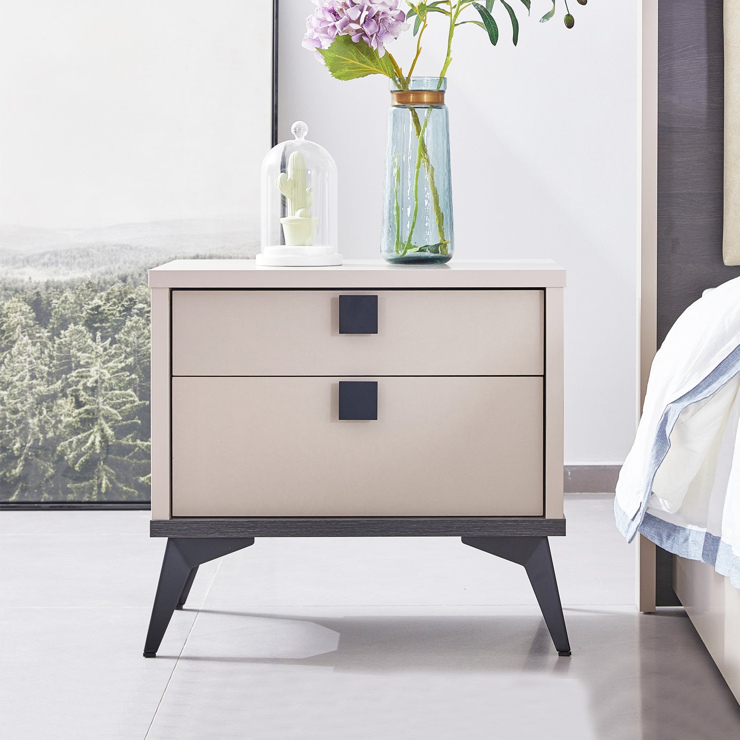 Maxwell Bedside Table MDF Particle Board with Melamine Finishing 2 Drawers Metal Handles & Legs