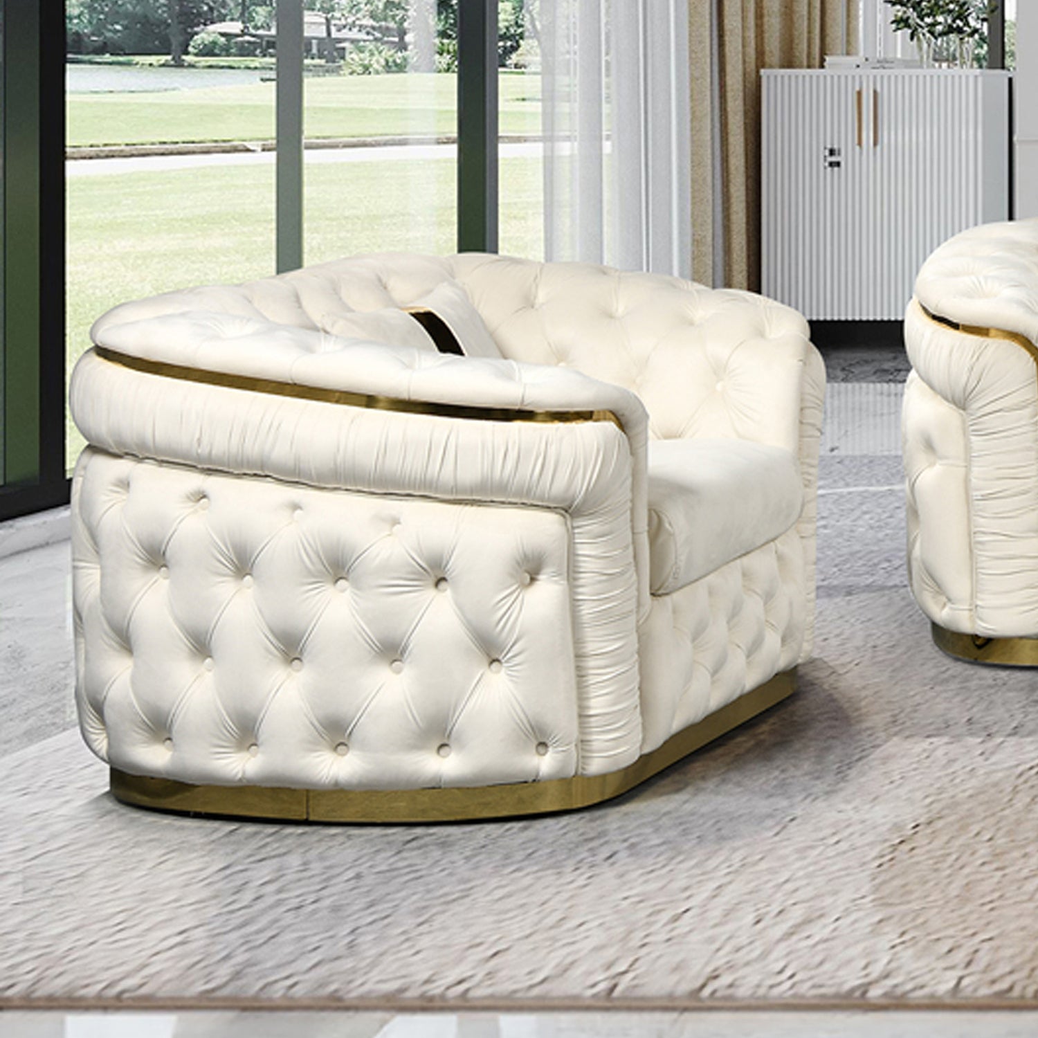 Duke 1 Seater Sofa Velvet High Density Foam Solid Wood and Plywood Gold Stainless Steel Trim