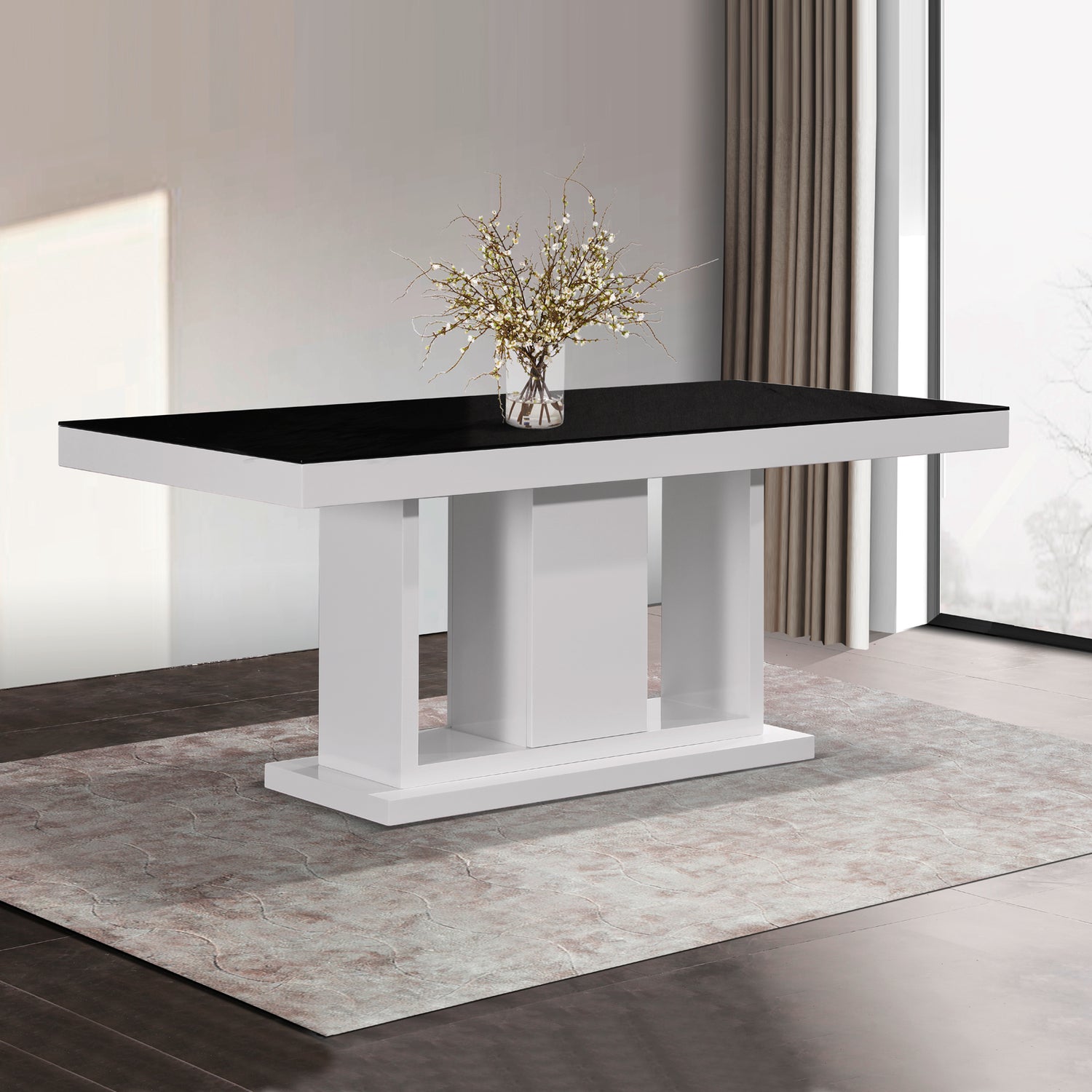 Espresso Rectangular Shape High Glossy Dining Table Combination of Black and White Colour