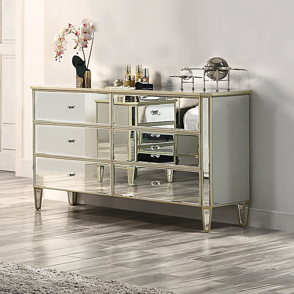Antique Gold 6-Drawer Dresser with Mirrored Detailing Antique Gold 6-Drawer Dresser with Mirrored Detailing
