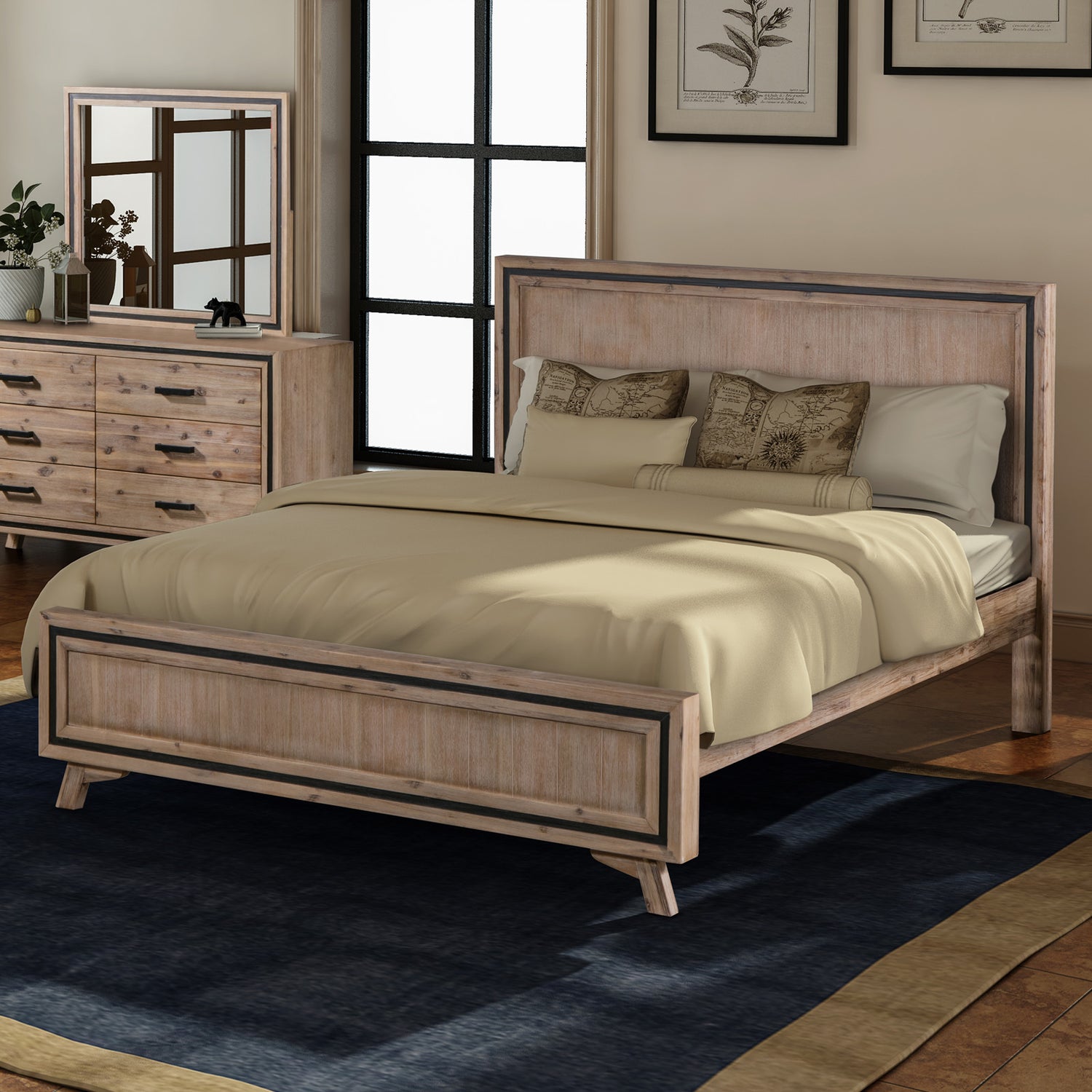 Seashore Silver Brush Colour Bed Frame with Black Border In Solid Acacia Timber in Multiple Sizes