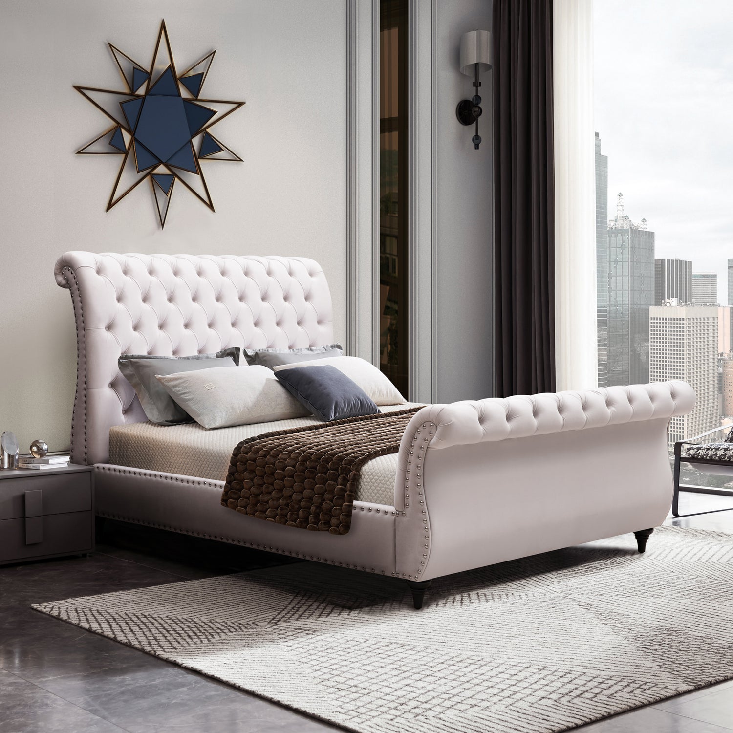 Elsa Luxury Upholstered Tufted Sleigh Bed Frame with Studded Details in Multiple Size & Colour