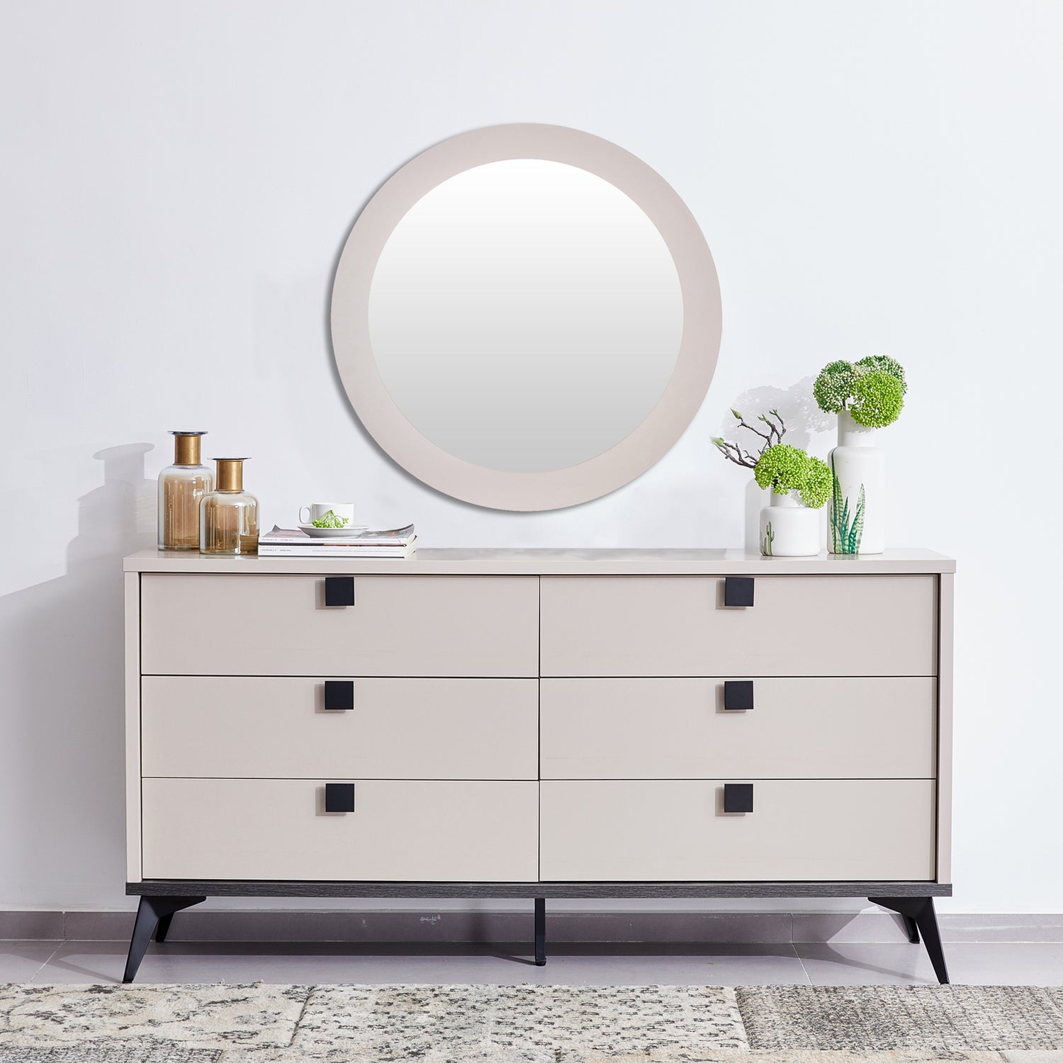 Maxwell Dresser Mirror MDF Particle Board with Melamine Finishing Six Drawers Metal Handles and Legs