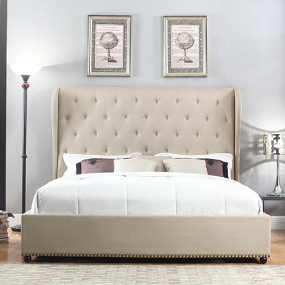 Paris Quality Linen Fabric Upholstered Wing Queen Grey Bed Frame with Detailing High Bedhead