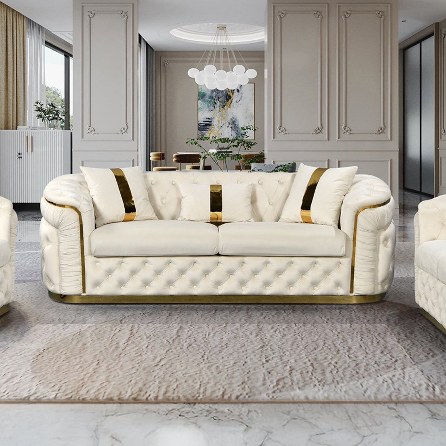 Duke 3+2+1 Seater Sofa Velvet High Density Foam Solid Wood and Plywood Gold Stainless Steel Trim