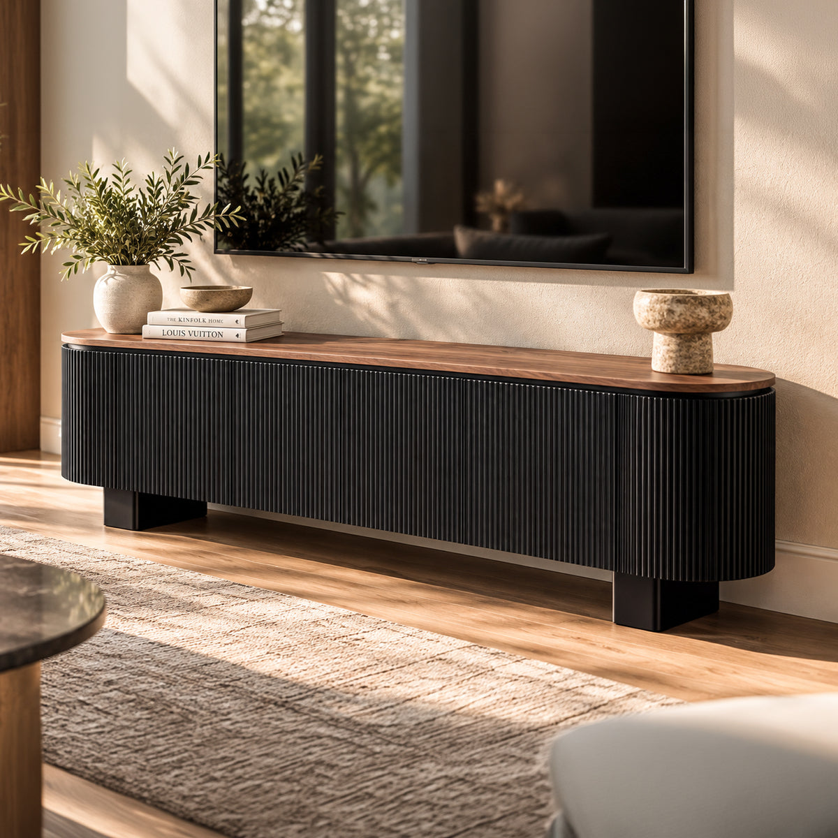 Nova TV Cabinet with Walnut Veneer Top & Black Fluted Finish