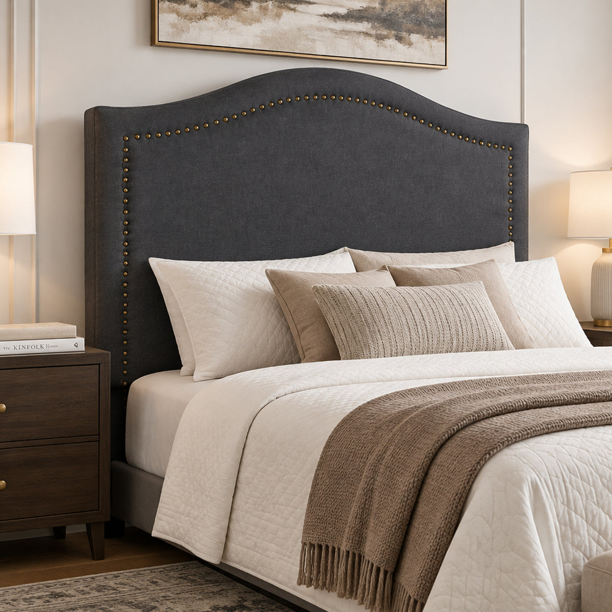 Carla Queen Charcoal Headboard with Curved Shape & Metal Studs