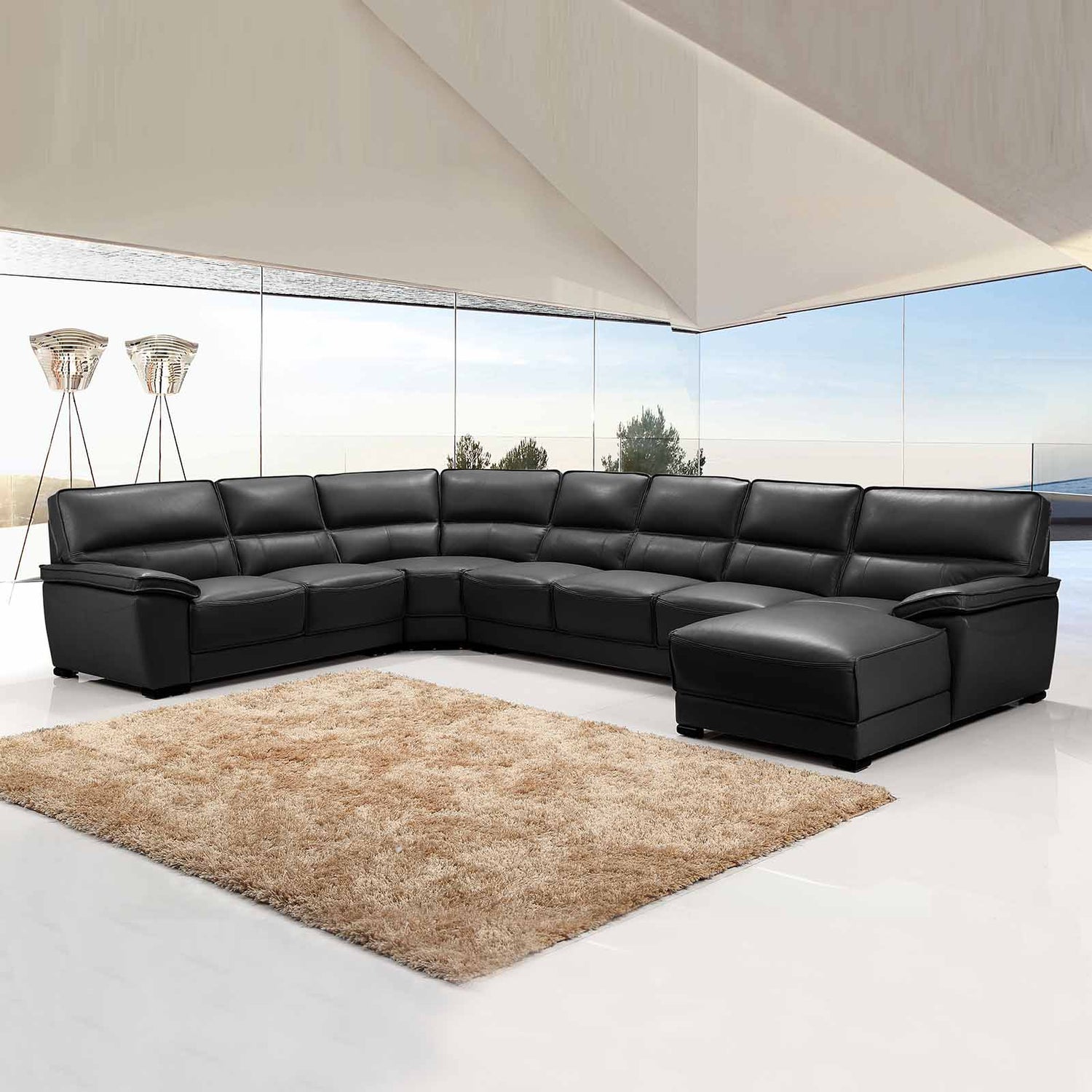 Hugo Luxurious Large Leatherette Corner Sofa 7 Seater with Chaise Black Colour