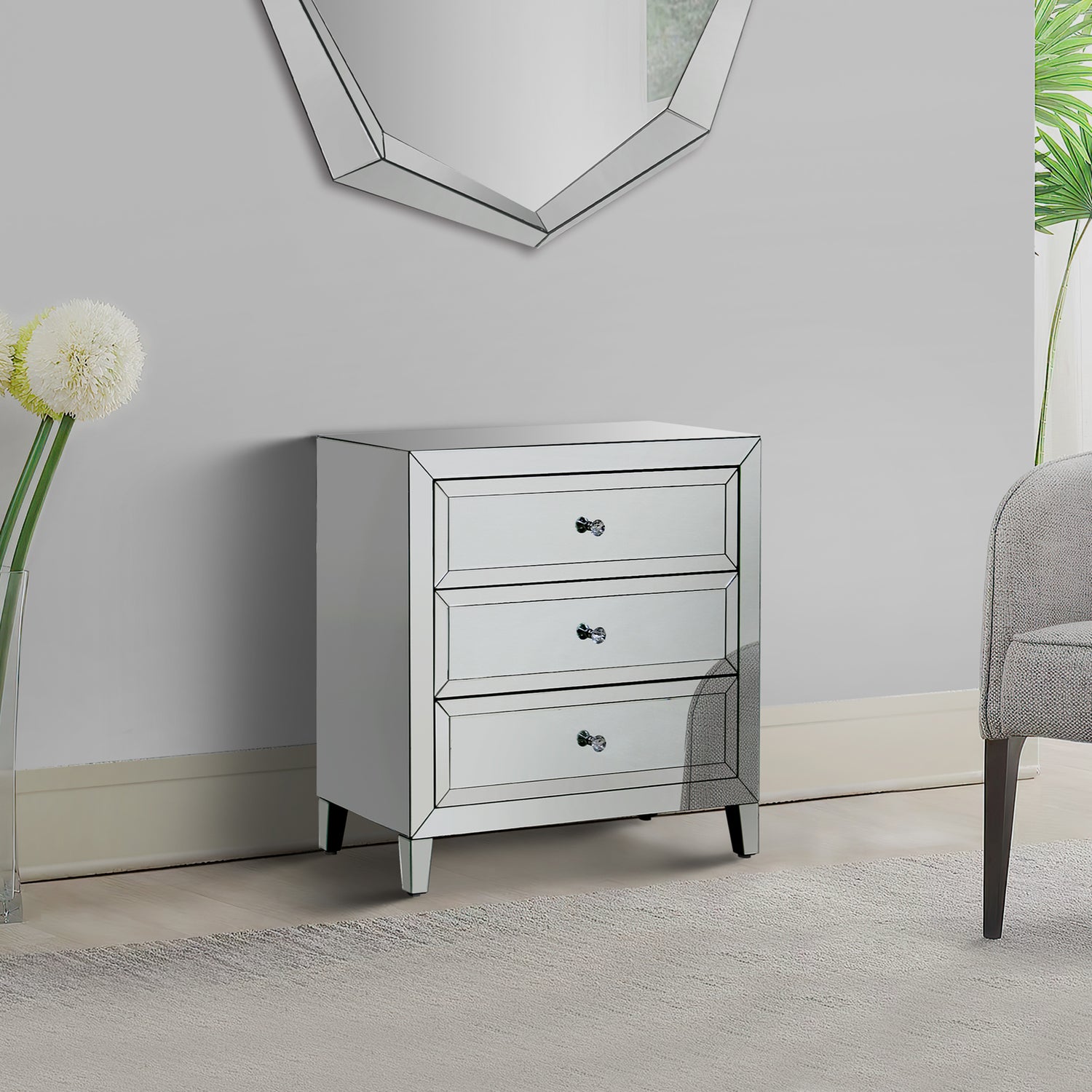 Camelia Dresser MDF Silver Mirror 3 Drawers Sparkling Handle