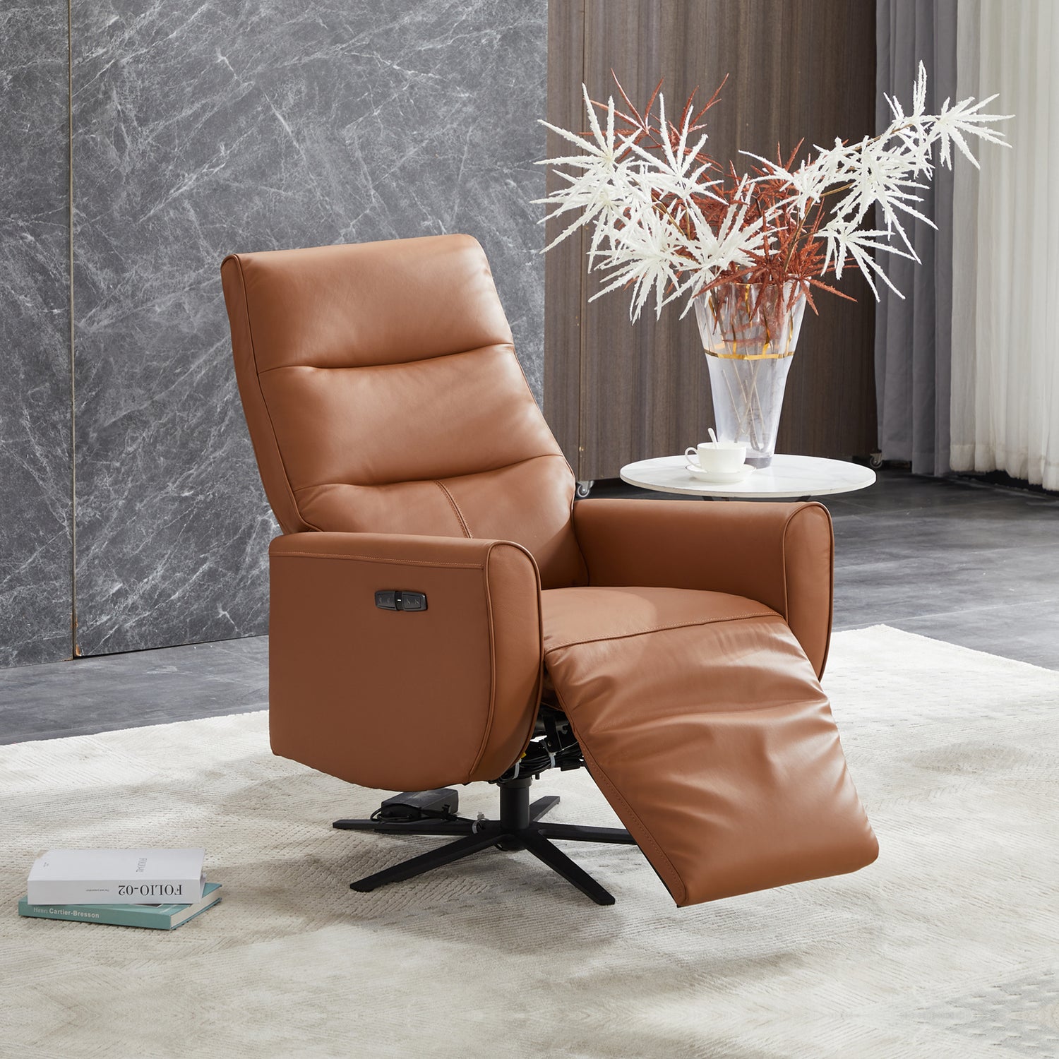 Arm Chair Power Recliner 360 Degree Swiveling Cow Leather USB Charger Metal Legs Roxy