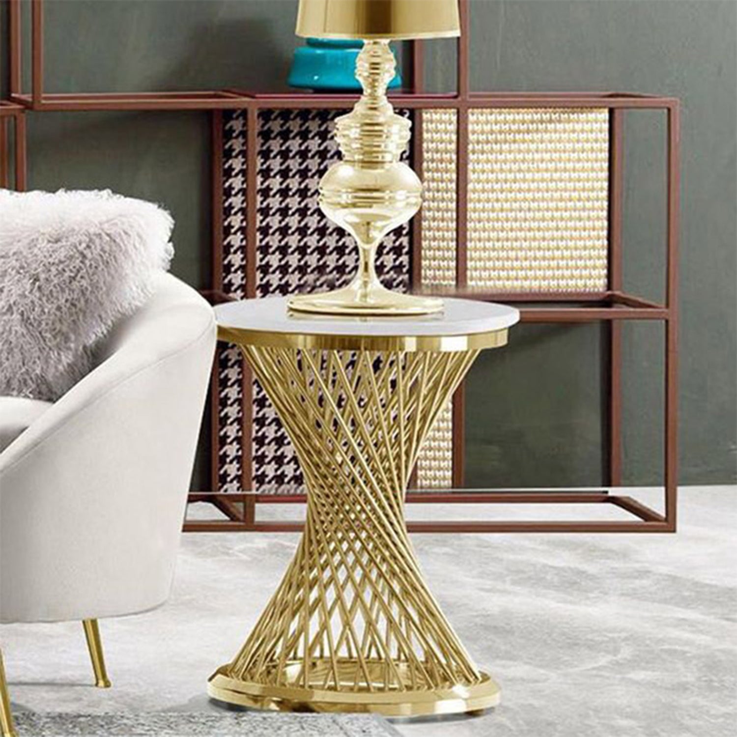 Diana Round Shape Lamp Table with Artificial Marble Top in Elegant Titanium Gold