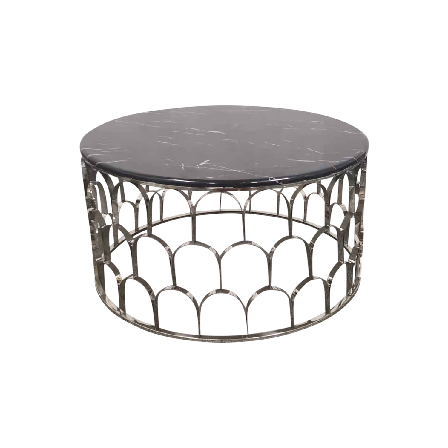 Falcon Round Faux Marble Stainless Silver Base Metal Frame Coffee Table