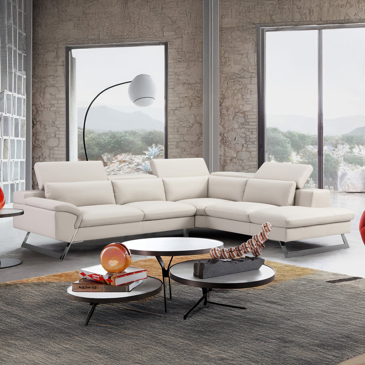 Serena White Colour Adjustable Headrest Chaise Corner Sofa