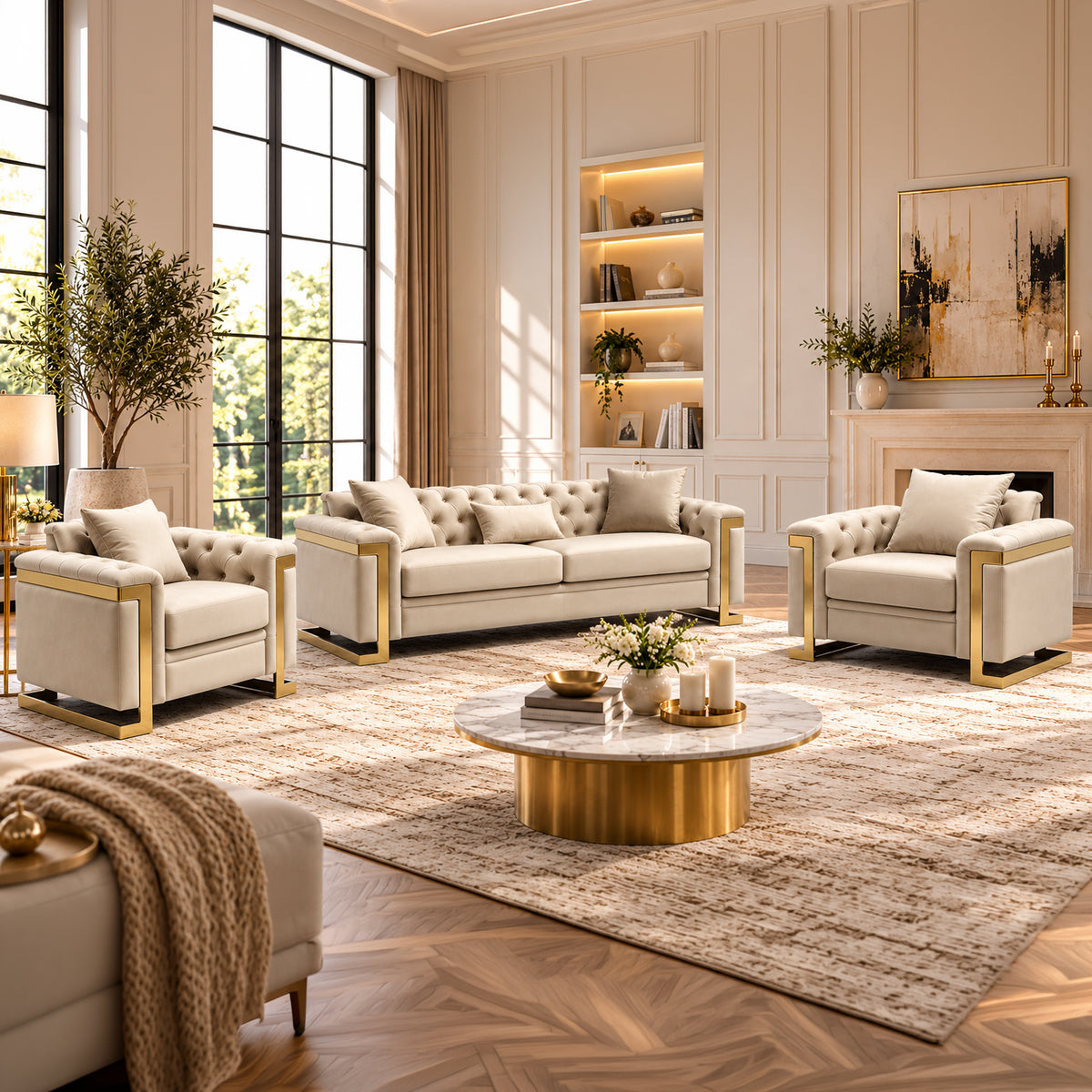 Juliette 3+1+1 Seater Velvet Sofa with Gold Trim – Beige