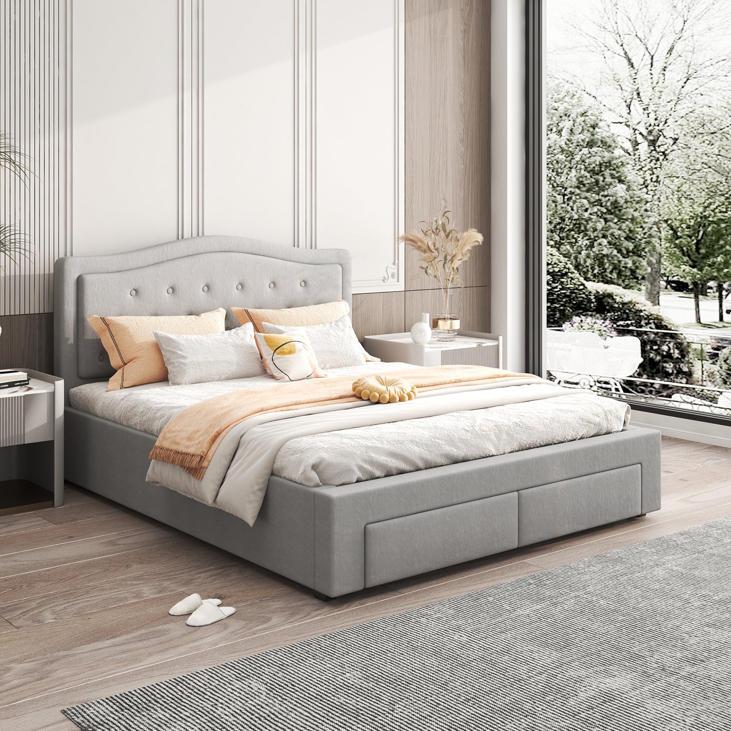 Emily Grey Velvet Padded Upholstery High Quality Slats MDF Drawers with Wheels Queen Bed Frame