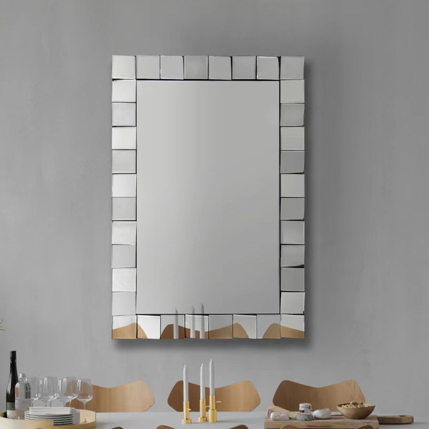 Decorative Rectangular Wall Mirror in Silver MDF with Clear Image and Versatile Hanging Options