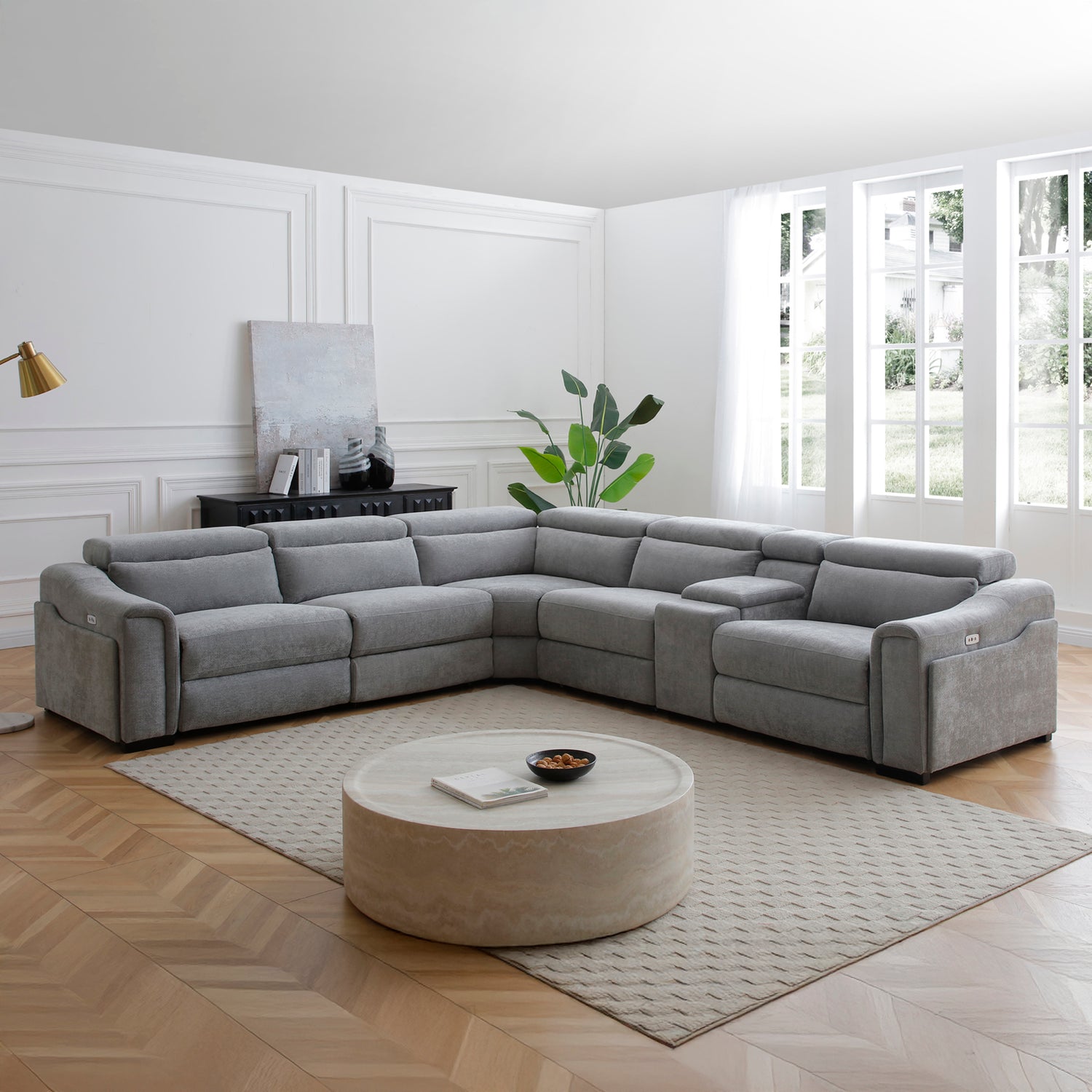 Henley Grey Chenille Reclining Sectional Sofa with Power Seats Adjustable Headrests & Storage Console