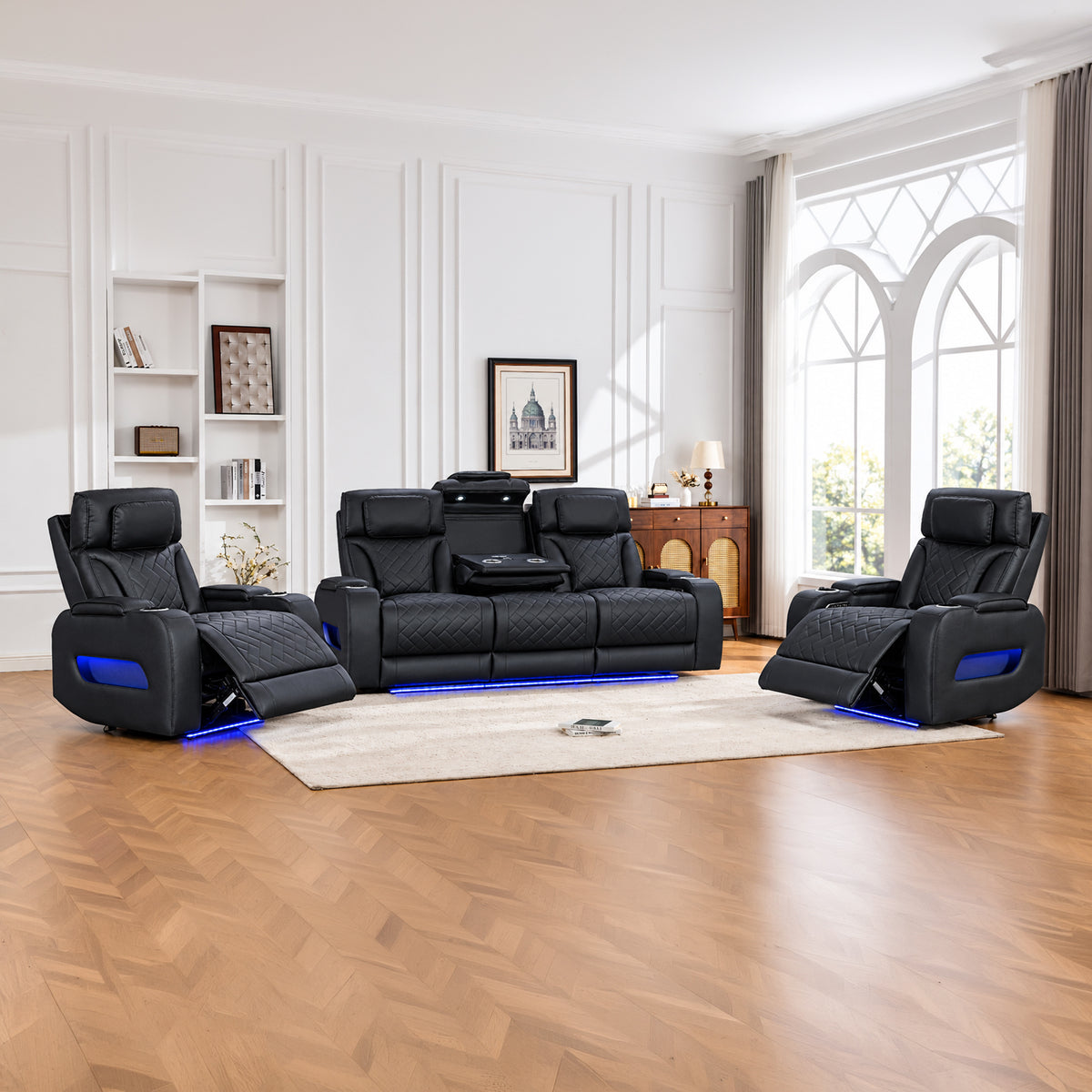 Drake 3+1+1 Seater Power Recliner Sofa Set with LED Light Wireless Charging & Storage Charging in Multiple Color
