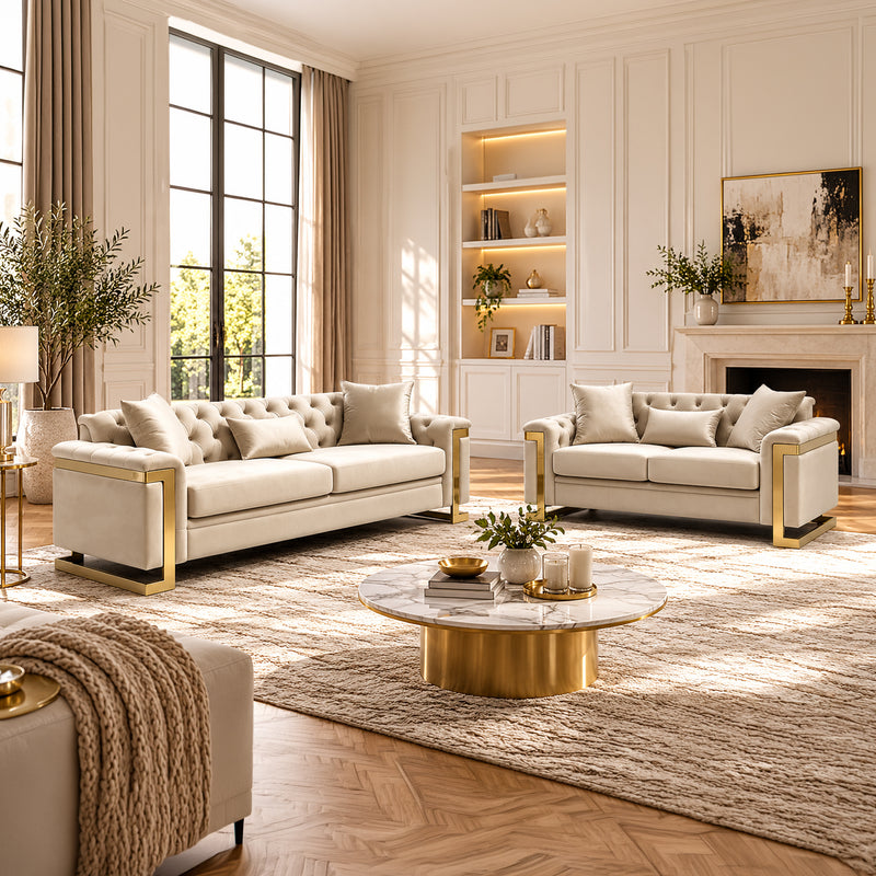 Juliette 3+2 Seater Velvet Sofa with Gold Trim – Beige