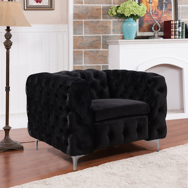 Jacques 1 Seater Sofa Button Tufted Velvet Fabric with Metal Legs in Black/Grey