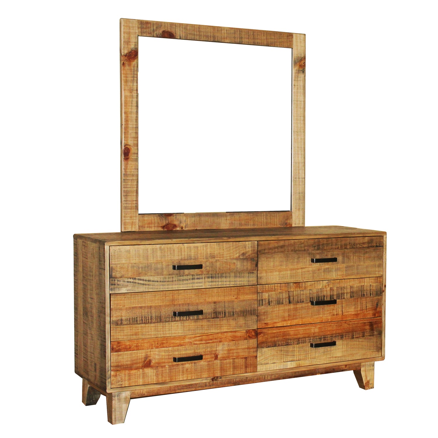 Woodstyle Dresser Solid Timber Light Brown 6 Drawers In Rustic Texture with Mirror