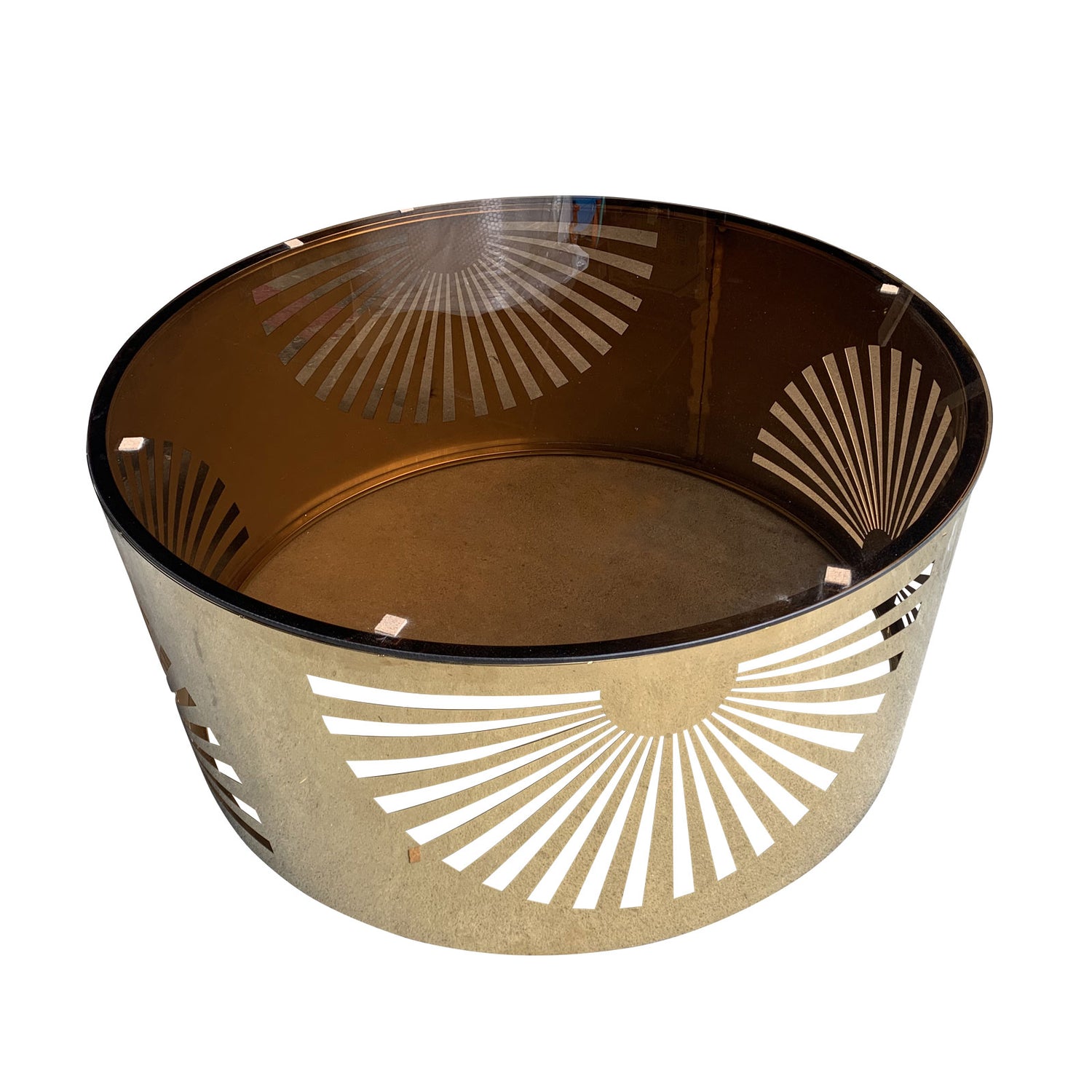 Fairy Coffee Table Round Shape Tempered Glass Top Brown Colour Detail Design on Base Stainless Electroplating Titanium Gold