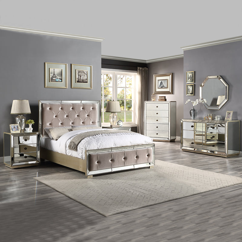 Germany Beige 5/4 pcs Bedroom Suite Velvet Upholstery Deep Quilting