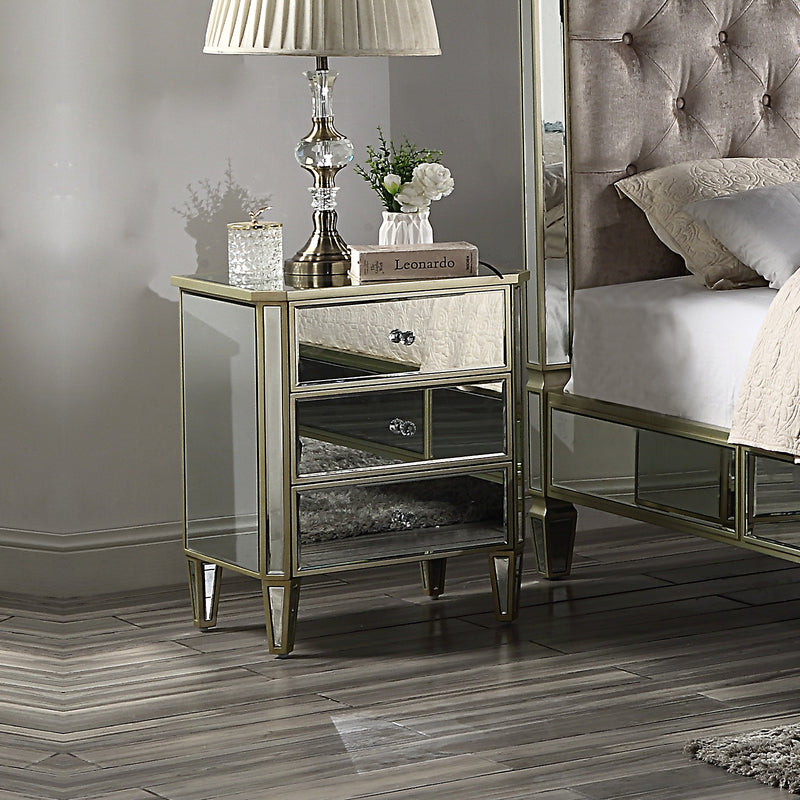 Antique 3 Drawers Mirrored Work Bedside Table with Golden Border