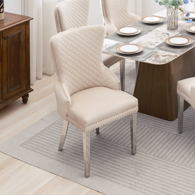 Lyon 2x Beige Velvet Dining Chairs Button Studded, Ring Back & Stainless Steel Legs