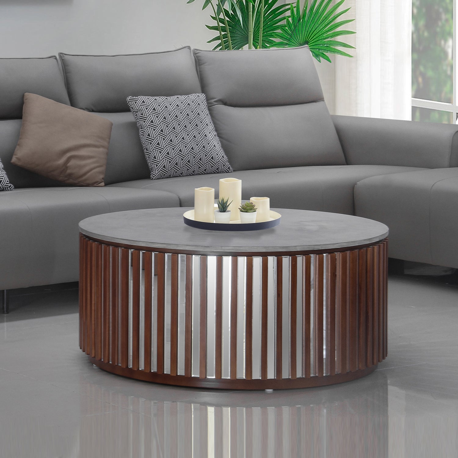 Rico Coffee Table Round Shaped Top MDF Silver Mirror Micro cement Brown Base