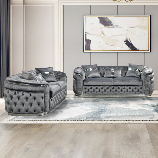 Duke 3+2 Seater Sofa Velvet Solid Wood Plywood Gold/Silver Stainless Steel