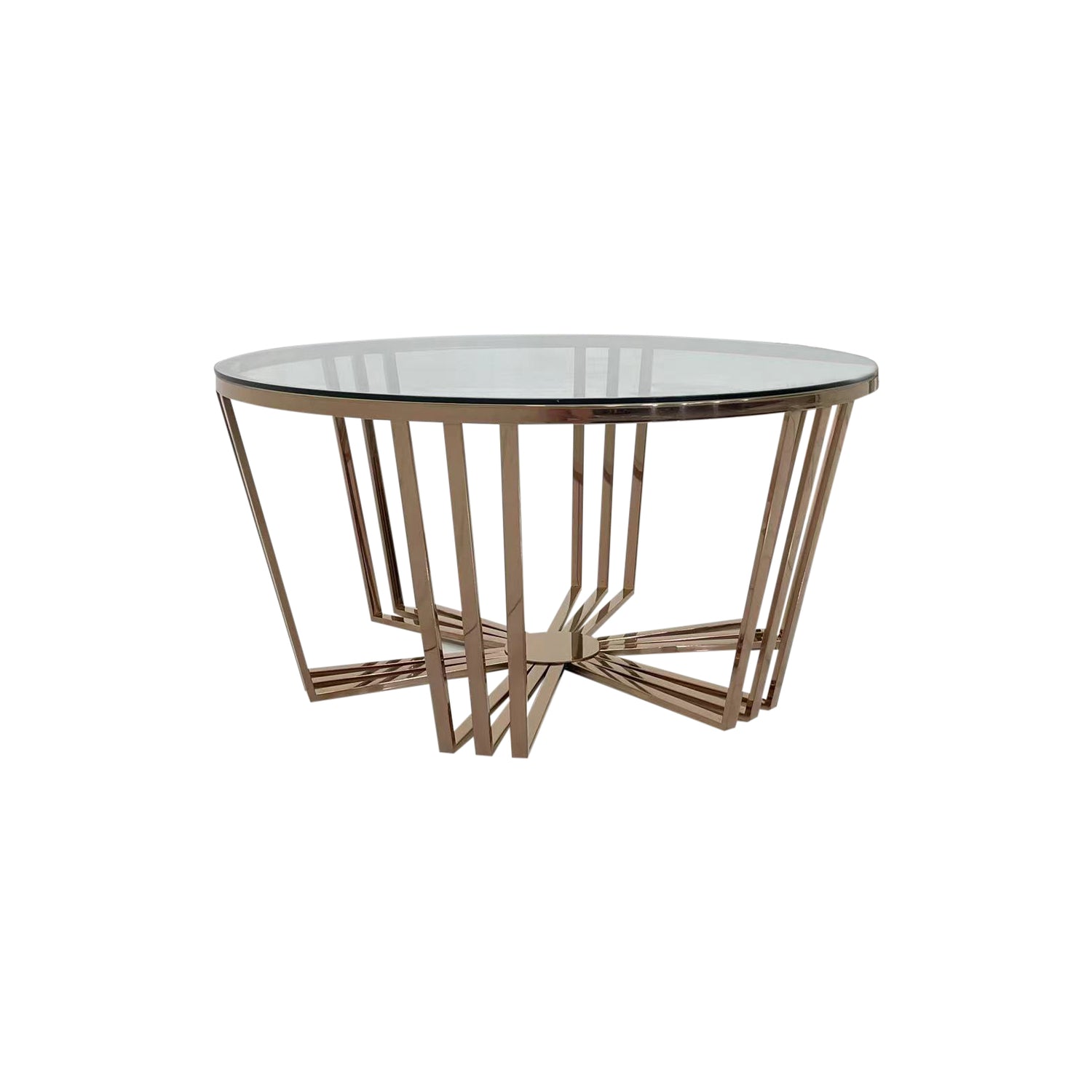 Jordana Coffee Table Round Shaped Clean Glass Top Golden Base High Gloss Gorgeous Legs